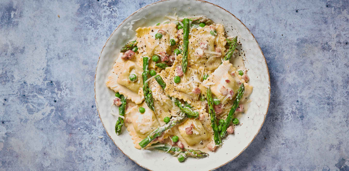 Asparagus & Mozzarella Fresh Pasta Recipe w/ Pancetta & Peas