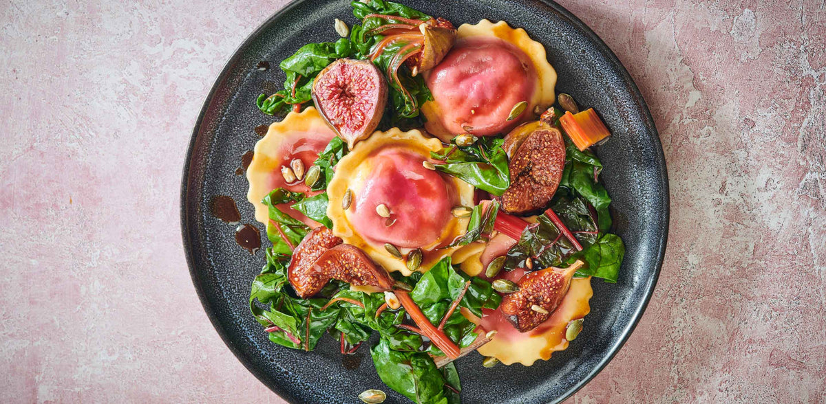 Beetroot & Goats' Cheese Fresh Pasta Recipe with Figs & Rainbow Chard