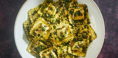 Spiced Butternut Squash Ravioli with Spinach Chermoula Dressing